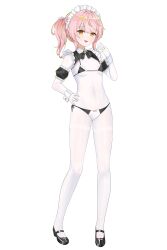 absurdres bodystocking breasts hand_on_own_hip highres maid medium_hair original panties pantyhose pink_hair side_ponytail small_breasts underwear white_pantyhose yellow_eyes zhthktk