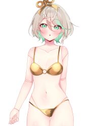 1girl absurdres bikini blush breasts cecilia_immergreen colored_inner_hair doll_joints gold_bikini gradient_hair green_eyes green_hair highres hololive hololive_english hoshiiii_art joints multicolored_hair navel open_mouth simple_background small_breasts solo swimsuit virtual_youtuber white_background winding_key
