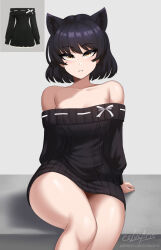 1girl alternate_costume animal_ears arm_support arms_behind_back artist_name bare_shoulders black_dress black_hair blake_belladonna bow breasts cat_ears commentary cowboy_shot cslucaris curly_sidelocks dress english_commentary feet_out_of_frame grey_background highres long_sleeves looking_at_viewer medium_breasts off-shoulder_dress off-shoulder_sweater off_shoulder parted_lips patreon_username photo_inset reference_inset rwby shiny_skin short_dress short_hair sidelighting simple_background sitting solo strapless strapless_dress sweater sweater_dress thighs white_bow yellow_eyes