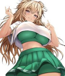 1girl bike_shorts blonde_hair bra green_bra green_skirt grey_eyes hair_ornament hairclip highres kantai_collection long_hair looking_at_viewer minneapolis_(kancolle) minneapolis_(tennis)_(kancolle) montemasa official_alternate_costume pleated_skirt shirt skirt solo sports_bra sportswear tennis_uniform two_side_up underwear wavy_hair white_shirt