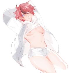 1girl blue_eyes breasts closed_mouth clothes_lift female_focus genderswap genderswap_(mtf) hair_between_eyes jacket messy_hair multicolored_hair navel nipples one_eye_closed panties red_hair shirt shirt_lift simple_background small_breasts sumino_takumi the_hundred_line_-last_defense_academy- tomboy underwear white_background white_jacket white_panties white_shirt