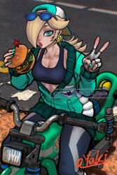 Rule 34 | 1girl, aqua jacket, aqua nails, ayaki blade, backwards hat, black leggings, blonde hair, blue eyes, burger, earrings, eyewear on head, film grain, fingerless gloves, food, gloves, hair over one eye, hat, highres, jacket, jewelry, leggings, long hair, mario (series), mario kart, mario kart world, motor vehicle, motorcycle, nail polish, nintendo, on motorcycle, partially open jacket, rosalina, rosalina (touring), solo, sports bra, star (symbol), star earrings, sunglasses, v, white gloves