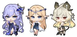 3girls alternate_costume black_dress black_horns black_tail blonde_hair blue_dress blue_eyes breasts cantarella_(wuthering_waves) cartethyia_(wuthering_waves) chair chibi chibi_only closed_mouth closed_umbrella commentary crown_of_thorns curled_horns demon_tail dress earrings folding_chair highres holding holding_umbrella horns jewelry large_breasts long_hair looking_at_viewer mole mole_under_eye multiple_girls myumyu431 parasol pointy_ears purple_dress purple_hair red_eyes smile tacet_mark_(wuthering_waves) tail tongue tongue_out umbrella very_long_hair wuthering_waves zani_(wuthering_waves)