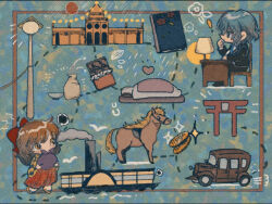 ! 1boy 1girl ayazuki_mei black_footwear black_jacket black_kimono black_pants black_sleeves black_suit blue_background blue_hair blue_necktie boat book bottle bow brown_hair car character_request checkered_clothes checkered_kimono checkered_sleeves chibi chocolate coattails coin collared_jacket commentary_request covered_mouth cup desk formal_clothes from_side full_body futon gift hair_bow hakama hakama_skirt hand_on_table heart holding holding_gift horse jacket japanese_clothes kimono lamp lamppost layered_sleeves long_hair long_sleeves looking_at_another map meiji_tokyo_renka motor_vehicle necktie notice_lines on_chair palace pants puff_of_air red_bow red_hakama sakazuki sake_bottle sandals shirt shoes short_hair short_kimono simple_bird sitting skirt socks sparkle spoken_squiggle squiggle standing sugi_haeru suit torii two-tone_kimono two-tone_sleeves watercraft white_shirt white_socks wide_sleeves yellow_eyes yellow_kimono yellow_sandals yellow_sleeves zouri