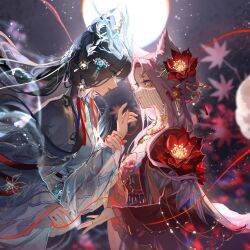2girls animal_ears autumn autumn_leaves black_hair blue_eyes blue_hanfu blue_robe cat_ears chain chinese_clothes chinese_hairpin choker closed_mouth clouded_loong_(infinity_nikki) commentary_request dragon_horns earrings expressionless eyelashes face-to-face facial_mark flower forehead forever_bond_(infinity_nikki) full_moon gold_chain gold_necklace hagoromo hair_bun hair_flower hair_ornament half_updo hanfu heterochromia highres holding_another&#039;s_wrist horns infinity_nikki jewelry leaf light_particles lipstick long_sleeves lotus makeup mangzhi_yaoyao moon mouth_veil multiple_girls necklace night nikki_(series) outdoors parted_lips pointy_nose red_flower red_hanfu red_lips robe shawl single_hair_bun smile string string_of_fate tassel tassel_hair_ornament upper_body veil whisker_markings white_horns white_veil wide_sleeves yellow_eyes yuri