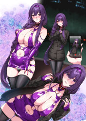 1girl absurdres black_jacket black_thighhighs bodycon braid breasts choker cleavage clothing_cutout cowboy_shot dress gloves hairband hie_(hiememiko) hiememiko highres jacket large_breasts latex latex_dress long_hair microdress nail_polish o-ring_dress original panties purple_eyes purple_hair revealing_clothes short_dress thighhighs underwear