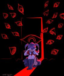 +infinitytlxy 1girl ame-chan_(needy_girl_overdose) black_background black_hair black_leggings covered_eyes crying curled_up hair_over_one_eye hand_on_own_face highres horizontal_spotlight knees_up leaning_forward leggings looking_at_another neck_ribbon needy_girl_overdose opening_door red_light ribbon rubbing_eyes short_twintails skirt suspender_skirt suspenders too_many_eyes twintails
