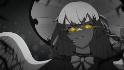 Rule 34 | 1girl, absurdres, anrifrus, bow, bowtie, braid, crossed bangs, glowing, glowing eyes, highres, kirisame marisa, looking at viewer, parted lips, partially colored, seihou, side braid, single braid, solo, touhou, upper body, yellow eyes