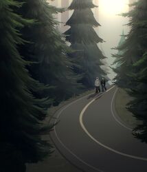 1boy 1girl asianchipxtra atmospheric_perspective black_eyes brown_hair cover cry_of_fear denim forest grey_hoodie grey_shirt hands_in_pockets haze highres hood hood_up hoodie jeans looking_at_another nature pants road shadow shirt shoes simon_henriksson size_difference sneakers sophie_(cry_of_fear) tree walking