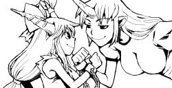 2girls bow breasts chain closed_mouth commentary_request cuffs greyscale hair_bow horns hoshiguma_yuugi ibuki_suika large_breasts long_hair looking_at_another monochrome multiple_girls onikobe_rin pointy_ears shackles shirt sidelocks simple_background single_horn sleeveless sleeveless_shirt smile t-shirt touhou upper_body