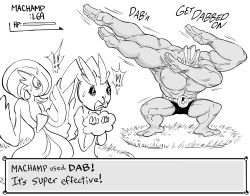 ! !! !? absurdres bad_id bb_(baalbuddy) belt commentary dab_(dance) english_commentary english_text extra_arms gameplay_mechanics gardevoir gen_1_pokemon gen_3_pokemon gen_4_pokemon greyscale hair_over_eyes health_bar highres inactive_account legs_apart lopunny machamp monochrome motion_lines nintendo pokemon pokemon_(creature) simple_background spoken_exclamation_mark spoken_interrobang white_background