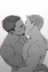 2boys arm_around_waist beard closed_eyes collarbone commentary dark-skinned_male dark_skin english_commentary facial_hair ir_7770 kiss large_pectorals male_focus multiple_boys muscular muscular_male nude overwatch pectoral_docking pectoral_press pectorals reaper_(overwatch) scar scar_on_arm scar_on_chest scar_on_shoulder short_hair sideburns simple_background soldier:_76_(overwatch) white_background yaoi