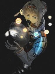 Rule 34 | 1girl, astronaut, black background, blonde hair, braid, braided bangs, bun with braided base, closed mouth, earth (planet), from side, hair bun, helmet, highres, holding unworn helmet, jupiter (planet), kiperina, ling (chaaaaanhikari), looking at viewer, mars (planet), mercury (planet), planet, reverse:1999, saturn (planet), short hair, solo, space helmet, spacesuit, upper body, venus (planet)