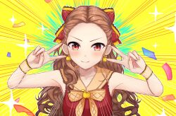 1girl apple_earrings blush bow brown_hair confetti daysss double_v earrings food-themed_earrings food_themed_earrings hair_bow idolmaster idolmaster_cinderella_girls jewelry long_hair neck_ribbon red_eyes ribbon sailor_collar seki_hiromi shirt sleeveless sleeveless_shirt smile solo upper_body v v-shaped_eyebrows wavy_hair wrist_cuffs yellow_background