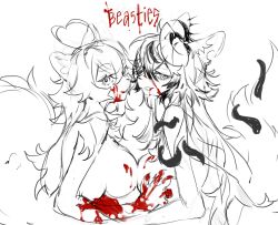 Rule 34 | 2girls, ahoge, animal ears, blood, blood on body, blood on face, blood on hands, breasts, breasts squeezed together, claws, colored tips, crossover, dog ears, dog tail, english text, fox ears, fox tail, hand on another&#039;s arm, head tilt, heart, heart ahoge, highres, implied attack, indie virtual youtuber, looking at viewer, mari the hybrid, multicolored hair, multiple girls, partially colored, simple background, sketch, smile, tail, tentacles, upper body, white background, yoimon