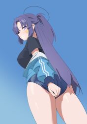 1girl ass black_shirt blue_archive blue_buruma blue_eyes blue_jacket blush breasts buruma commentary gym_uniform half_updo halo highres jacket jacket_partially_removed large_breasts long_hair long_sleeves looking_at_viewer looking_back off_shoulder official_alternate_costume parted_bangs ponytail purple_eyes purple_hair revision shirt short_sleeves sidelocks siu_hing5262 solo star_sticker sticker_on_face thighs track_jacket yuuka_(blue_archive) yuuka_(track)_(blue_archive)