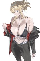 1girl absurdres bare_shoulders black_bra black_pants blonde_hair blue_eyes bra breasts closed_mouth collarbone cowboy_shot glasses goddess_of_victory:_nikke grave_(beautiful_you)_(nikke) grave_(nikke) highres huge_breasts looking_at_viewer necklace_between_breasts pants ponytail sidelocks solo standing taiyang_yu underwear