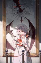 1girl absurdres ambiguous_red_liquid ascot bat_wings blue_hair cross cup dress fang feet_out_of_frame hat hat_ribbon highres holding holding_cup inverted_cross light_blush light_smile medium_hair mob_cap painting_(object) picture_frame puffy_short_sleeves puffy_sleeves red_ascot red_eyes red_ribbon remilia_scarlet ribbon short_sleeves solo spear_the_gungnir standing touhou white_dress wings ycl_060