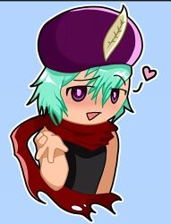 1boy aladdin_(otogi_bukkoroshiamu) artist_request beret black_shirt blue_background blush chibi fanart_digital feathers green_hair hat otogi_bukkoroshiamu purple_eyes purple_hat red_scarf scarf shirt short_hair smile source_request upper_body