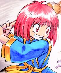 2girls angry batting_stance blue_robe broom cotton_(character) cotton_(game) crazy_grin fairy heika_(heikahp) looking_at_another motion_lines multiple_girls red_eyes red_hair robe silk_(cotton) simple_background standing teeth upper_body white_background wide-eyed