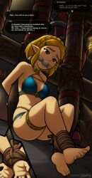 Rule 34 | 1girl, absurdres, bare shoulders, barefoot, bdsm, blonde hair, blue eyes, bondage, bound, bound ankles, bound wrists, bra, breasts, cleavage, cleave gag, cloth gag, collarbone, gag, gagged, hair ornament, hairclip, highres, improvised gag, kidnapped, legs, magnolia-baillon, nintendo, panties, princess zelda, sweat, the legend of zelda, the legend of zelda: tears of the kingdom, thighs, underwear