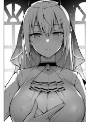 1girl ascot blush braid breasts brooch closed_mouth covered_erect_nipples diisuke expressionless fingernails french_braid greyscale hair_between_eyes hakase_fuyuki horns jewelry large_breasts long_hair looking_at_viewer monochrome nijisanji paizuri_invitation solo upper_body veil virtual_youtuber