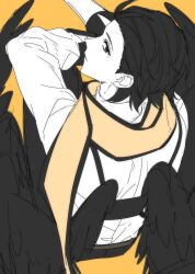 1boy absurdres aircon11 black_hair black_pants black_trim black_wings commentary feathered_wings hair_slicked_back highres long_sleeves looking_at_viewer looking_back male_focus mochizuki_ryouji mole mole_under_eye pants persona persona_3 scarf shirt short_sideburns sitting solo suspenders white_shirt wings yellow_background yellow_scarf