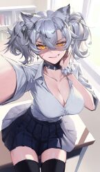 1girl absurdres animal_ear_fluff animal_ears arknights black_choker black_hair black_skirt black_thighhighs breasts choker classroom cleavage collarbone collared_shirt commentary commission cowboy_shot dekka desk earrings english_commentary facial_scar grin gyaru hair_between_eyes hand_on_own_cheek hand_on_own_face hand_up highres indra_(arknights) jewelry large_breasts looking_at_viewer medium_hair miniskirt multicolored_hair on_desk partially_unbuttoned pixiv_commission pleated_skirt reaching reaching_towards_viewer scar scar_on_cheek scar_on_face school_desk selfie shaded_face shirt short_sleeves sitting skirt smile solo spiked_choker spikes star_(symbol) striped_hair teeth thighhighs tiger_ears tiger_girl twintails upper_teeth_only white_hair white_shirt white_wrist_cuffs window wrist_cuffs yellow_eyes zettai_ryouiki