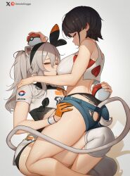 2girls alternate_costume animal_ears ass bea_(pokemon) bea_(pokemon)_(cosplay) black_hair black_hairband blue_shorts breasts commentary cosplay creatures_(company) game_freak gloves gradient_background greatodoggo grey_background grey_hair hairband highres holding holding_poke_ball hololive large_breasts lion_ears lion_girl lion_tail logo long_hair midriff misty_(pokemon) misty_(pokemon)_(cosplay) multiple_girls nintendo oozora_subaru orange_gloves patreon_username poke_ball poke_ball_(basic) pokemon pokemon_lgpe pokemon_swsh shishiro_botan short_hair short_shorts shorts tail thighs virtual_youtuber yuri