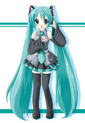 1girl 2000s_(style) black_boots black_skirt black_sleeves blue_eyes blue_hair blue_necktie blush boots collared_shirt commentary_request detached_sleeves fujii_ryou full_body grey_shirt hair_ornament hatsune_miku headset long_hair long_sleeves looking_at_viewer miniskirt necktie open_mouth pleated_skirt shirt skirt sleeveless sleeveless_shirt solo standing thigh_boots twintails very_long_hair vocaloid white_background