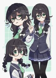 1girl black_hair black_jacket black_pantyhose black_skirt border bow braid cevio commission corn_kuten disgust dot_nose glasses green_background green_necktie green_vest hair_between_eyes hair_bow hanakuma_chifuyu jacket light_frown long_hair long_sleeves looking_at_viewer low_twin_braids multiple_views necktie pantyhose school_uniform shaded_face shirt skeb_commission skirt sleeveless sleeveless_jacket surprised synthesizer_v twin_braids twitter_username v vest watermark white_border white_bow white_shirt