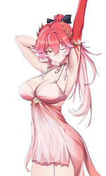 1girl absurdres armpits arms_up black_bow bow braid breasts changli_(laurel_nymph)_(wuthering_waves) changli_(wuthering_waves) cleavage colored_extremities commentary dress hair_between_eyes hair_bow hair_extensions head_wreath highres large_breasts long_hair looking_at_viewer multicolored_hair official_alternate_costume one_eye_closed orange_eyes parted_lips pink_dress pink_hair ponytail qishier_shi_ya_tuo red_hands ring_hair_extensions simple_background smile solo tacet_mark_(wuthering_waves) thighs twin_braids two-tone_hair white_background white_hair wuthering_waves