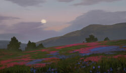 blue_flower cloud cloudy_sky field flower grass highres hill landscape meadow moon mountain nature original painterly pink_flower refiend scenery signature sky tree