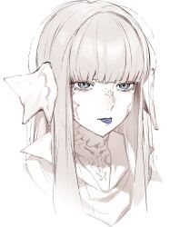 1girl :p au_ra blue_eyes blue_tongue blunt_bangs colored_tongue final_fantasy final_fantasy_xiv highres long_hair looking_at_viewer millimetre_0 monster_girl piercing portrait scales simple_background solo tongue tongue_out tongue_piercing warrior_of_light_(ff14) white_background