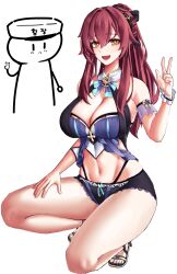 1boy 1girl absurdres bare_legs bare_shoulders bikini black_bikini black_footwear breasts captain_(honkai_impact) cleavage denim denim_shorts doodle_inset eden_(flowing_rhyme)_(honkai_impact) eden_(honkai_impact) hair_ornament hand_on_own_thigh high_heel_sandals highleg highleg_swimsuit highres honkai_(series) honkai_impact_3rd large_breasts long_hair looking_at_another looking_at_viewer midriff navel official_alternate_costume pyeong_il red_hair sandals shorts squatting swimsuit very_long_hair w white_background yellow_eyes