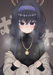 1girl artist_name black_hair black_shirt black_undershirt blue_archive blue_eyes blush breasts brown_cardigan brown_halo cardigan commentary crossed_bangs dot_nose furrowed_brow grey_background hair_between_eyes hairband halo highres jewelry long_hair long_sleeves necklace purple_hairband shirt signature simple_background small_breasts solo sora_scale steaming_body sweatdrop translated turtleneck turtleneck_shirt ui_(blue_archive) undressing