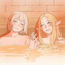 2girls 55bata6rou bath bathing blonde_hair blue_eyes blush brick_wall closed_eyes closed_mouth dungeon_meshi elf falin_touden falin_touden_(tallman) highres holding_hands indoors interlocked_fingers long_hair looking_at_another marcille_donato multiple_girls nude partially_submerged pointy_ears same-sex_bathing shared_bathing short_hair smile upper_body water yuri