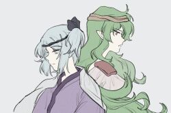 2others androgynous back-to-back black_bow black_headband blue_eyes blue_hair bow brown_headband closed_mouth epaulettes expressionless fang fang_out fujiwara_no_iyozane green_hair grey_background grey_jacket hachimaki hair_bow haori headband jacket jacket_on_shoulders japanese_clothes jishixingle1029 kimono len&#039;en long_hair long_sleeves looking_ahead messy_hair multiple_others one_side_up other_focus purple_kimono red_eyes short_hair simple_background taira_no_fumikado upper_body very_long_hair