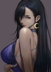 1girl bare_arms bare_shoulders black_hair breasts crescent crescent_earrings dress earrings final_fantasy final_fantasy_vii final_fantasy_vii_remake grey_background highres jewelry large_breasts lips long_hair looking_at_viewer nose official_alternate_costume omeno_(digitalome) pointing pointing_at_viewer purple_dress red_eyes red_lips sideboob simple_background solo swept_bangs tifa_lockhart tifa_lockhart_(refined_dress) upper_body
