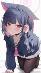 1girl absurdres all_fours animal_ears black_choker black_hair black_hoodie blue_archive blush breasts cat_choker cat_ears choker colored_inner_animal_ears colored_inner_hair extra_ears green_sailor_collar hair_ornament halo highres hood hoodie jacket kazusa_(blue_archive) large_breasts long_sleeves looking_at_viewer multicolored_hair neckerchief pink_hair pink_halo pink_neckerchief red_eyes sailor_collar simple_background skirt smile solo two-tone_hair wendao white_background