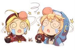 1boy 1girl @_@ ahoge artist_name black_eyes black_gloves blonde_hair blue_jacket bridget_(guilty_gear) chibi cropped_torso crossover crying dated dizzy drawstring earrings fingerless_gloves gloves guilty_gear hand_up hat head_bump holding hood hood_up hoop_earrings jacket jewelry malin_(kof) mateus_upd necklace open_clothes open_jacket open_mouth portrait red_headwear red_shirt shirt short_hair short_sleeves sidelocks signature simple_background sketch squiggle star_(symbol) streaming_tears tears the_king_of_fighters trait_connection trap white_background yo-yo