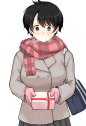 1girl bag black_hair black_skirt breasts brown_coat brown_eyes buttons closed_mouth coat commentary_request cowboy_shot double-breasted gift gloves highres holding holding_gift large_breasts light_blush meika-san_wa_oshikorosenai oka_miyako pink_gloves plaid_clothes plaid_scarf pleated_skirt red_scarf saitou_shouki scarf school_bag short_hair simple_background skirt solo sweat white_background