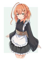 1girl absurdres ahoge apron black_kimono frilled_apron frilled_sleeves frills green_eyes hair_ornament hairclip highres huge_ahoge japanese_clothes kantai_collection kaya_(kancolle) kimono maid maid_apron obi orange_hair revision sailor_collar sash short_hair solo sukimizaki wa_maid white_apron