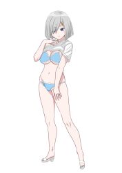 Rule 34 | 1girl, 30-06, bikini, blue bikini, blue eyes, breasts, cleavage, clothes lift, full body, grey hair, hair ornament, hair over one eye, hairclip, hamakaze (kancolle), highres, kantai collection, large breasts, lifting own clothes, open-toe shoes, shirt, shirt lift, short hair, simple background, solo, swimsuit, t-shirt, white background, white shirt