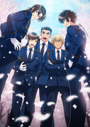 5boys amuro_tooru blonde_hair blue_eyes blue_jacket brown_hair cherry_blossoms commentary_request crossed_arms date_wataru falling_petals from_below gloves hagiwara_kenji hair_between_eyes hand_in_pocket hand_on_own_hip highres jacket looking_at_viewer male_focus matsuda_jinpei meitantei_conan multiple_boys necktie petals remsor076 scotch_(meitantei_conan) smile spiked_hair twitter_username white_gloves