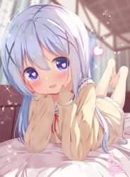 1girl artist_name barefoot blue_eyes blue_hair blush cardigan chinomaron gochuumon_wa_usagi_desu_ka? hair_between_eyes hair_ornament heart heart-shaped_pupils highres indoors kafuu_chino long_hair long_sleeves looking_at_viewer lying on_stomach open_mouth pleated_skirt sailor_collar signature skirt smile solo symbol-shaped_pupils toenails toes twitter_username white_sailor_collar white_skirt x_hair_ornament yellow_cardigan