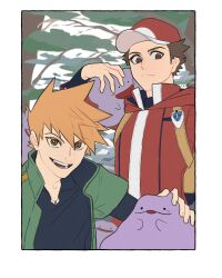 2boys arm_up black_shirt blue_oak boba_msize brown_eyes brown_hair closed_mouth collared_jacket collared_shirt colored_skin commentary ditto forest gen_1_pokemon green_jacket hand_on_another&#039;s_head highres jacket layered_sleeves long_sleeves looking_to_the_side male_focus multiple_boys nature nintendo on_shoulder open_clothes open_jacket orange_hair outdoors pokemon pokemon_(creature) pokemon_frlg pokemon_on_shoulder popped_collar purple_skin red_(pokemon) red_jacket shirt short_hair short_over_long_sleeves short_sleeves sideburns sideways_glance tree wing_collar