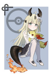 1girl aged_down ahoge arknights black_horns black_skirt black_tail blonde_hair blunt_bangs border bow closed_mouth commentary fennekin fire flame-tipped_tail frilled_skirt frills full_body gen_6_pokemon green_eyes grey_background horn_bow horn_ornament horns knees_together_feet_apart long_hair nintendo pantyhose poke_ball_symbol pokemon pokemon_(creature) reed_(arknights) shirt shoes skirt solo tail umimi_beni_(beru_2525) white_border white_bow white_pantyhose white_shirt white_shoes