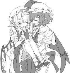 Rule 34 | 2girls, ascot, bat wings, bloomers, bobby socks, carrying, carrying person, closed eyes, closed mouth, collared shirt, commentary request, flandre scarlet, frilled shirt collar, frilled skirt, frills, greyscale, hand on another&#039;s shoulder, hat, highres, long hair, mary janes, mero (starfish jcs), mob cap, monochrome, multiple girls, pointy ears, princess carry, puffy short sleeves, puffy sleeves, remilia scarlet, shirt, shoes, short hair, short sleeves, siblings, simple background, sisters, skirt, socks, touhou, twitter username, underwear, vest, white background, wings