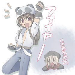 2boys :d arm_up belt black_gloves black_hair black_hat blacksmith_(ragnarok_online) blonde_hair blue_pants brown_belt brown_eyes brown_hair clenched_hands coat commentary_request dated_commentary fingerless_gloves fist_pump foot_out_of_frame gloves grey_background hat looking_at_viewer lowres male_focus multiple_boys newsboy_cap notice_lines open_mouth panda_hat pants priest_(ragnarok_online) ragnarok_online red_coat sharari shirt short_hair short_sleeves smile solo_focus translation_request white_shirt